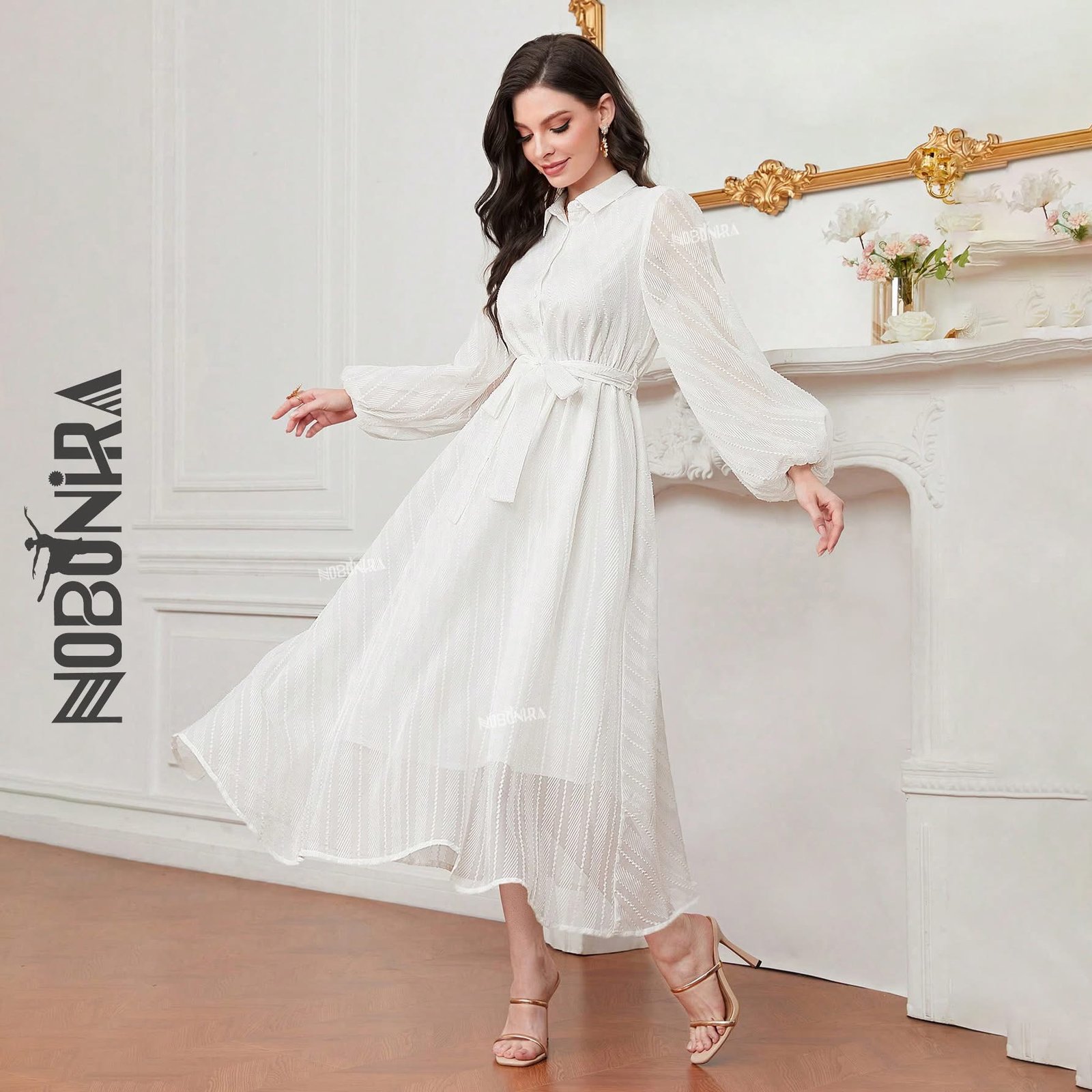 Modely Solid Lantern Sleeve Belted Shirt Dress